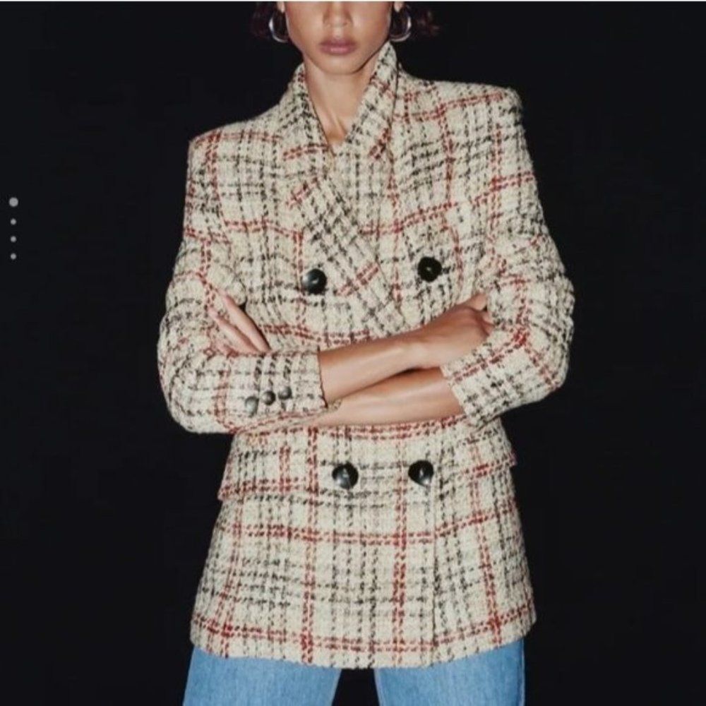 Zara Long Sleeve Double Breasted Woven Plaid Lined Blazer Pockets Size Medium